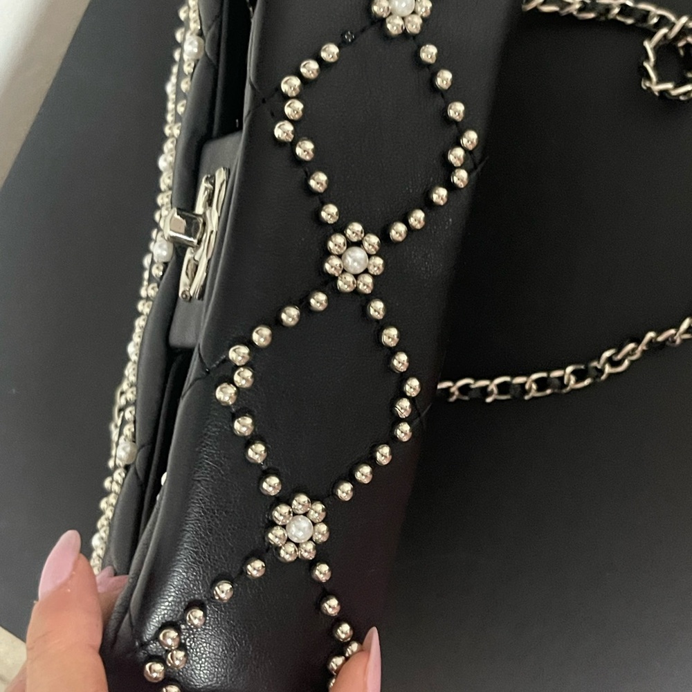 CHANEL Black Quilted Leather Crossbody with Pearl & Silver Studs - Picture 7 of 8
